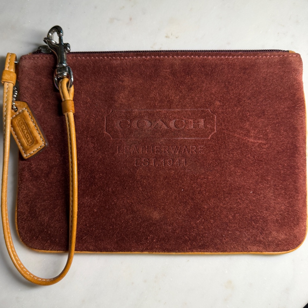 Vintage Coach Burgundy Suede Wristlet with tan leather accents